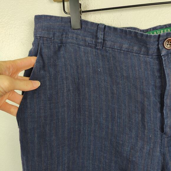 Lauren Ralph Lauren Andover Pant Womens 14 Navy Blue Stripe‎ Linen Wide Leg - Picture 4 of 9